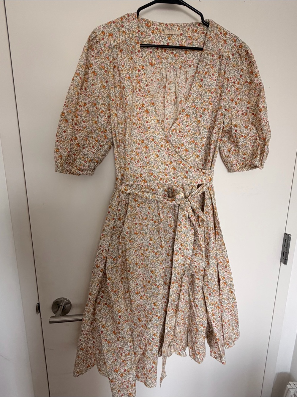 Etcetera Cream Floral Wrap Midi Dress with Puff Sleeves in Medium